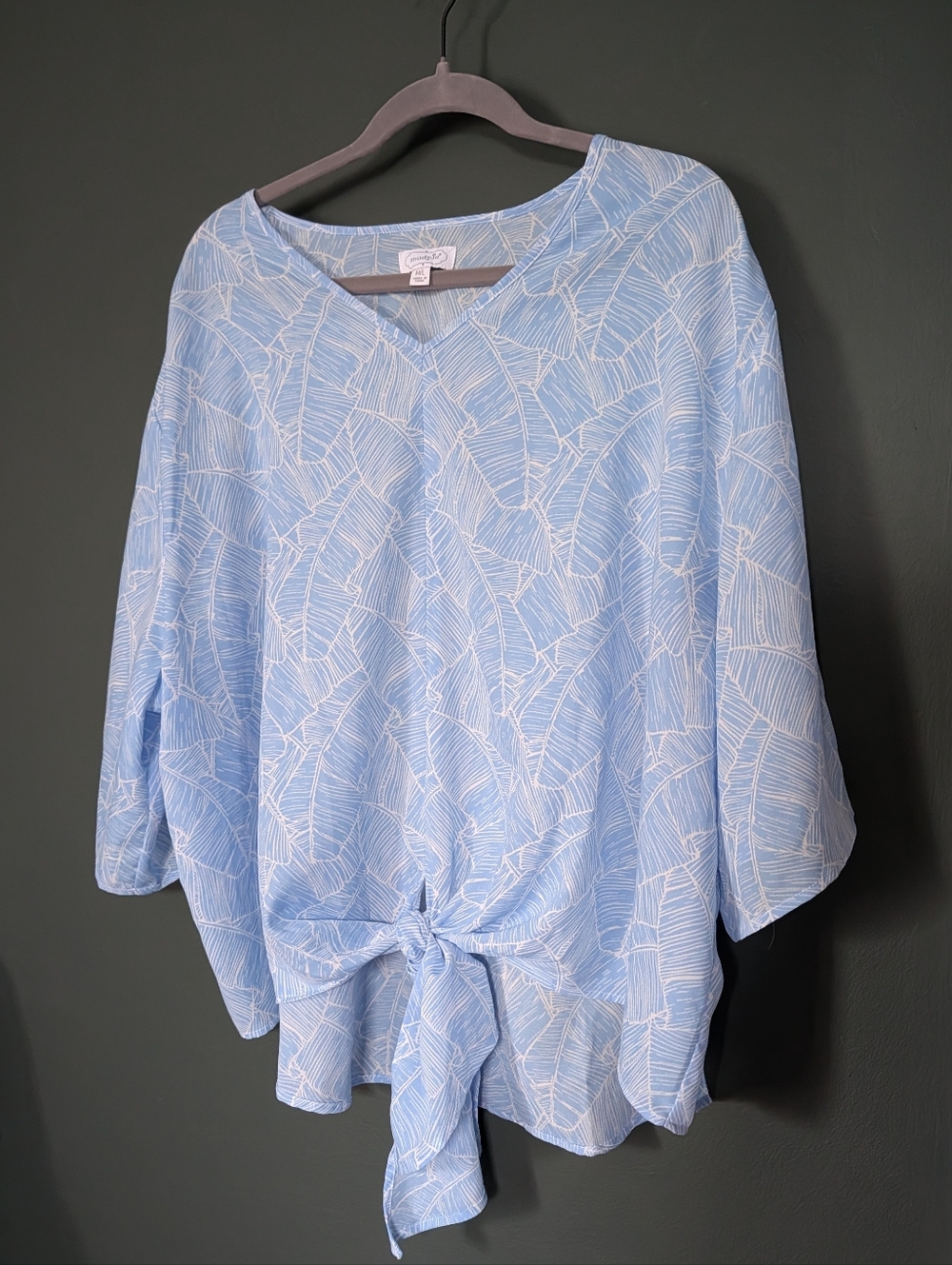 Mud Pie Sky Blue Tropical Leaf Printed V-Neck Tie-Front Blouse